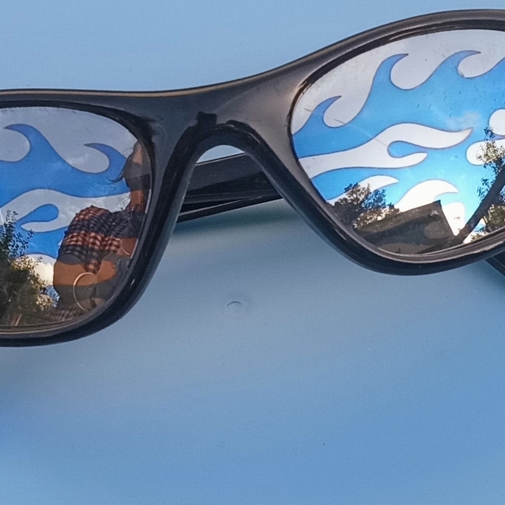 Black Sunglasses with Blue Flame Design